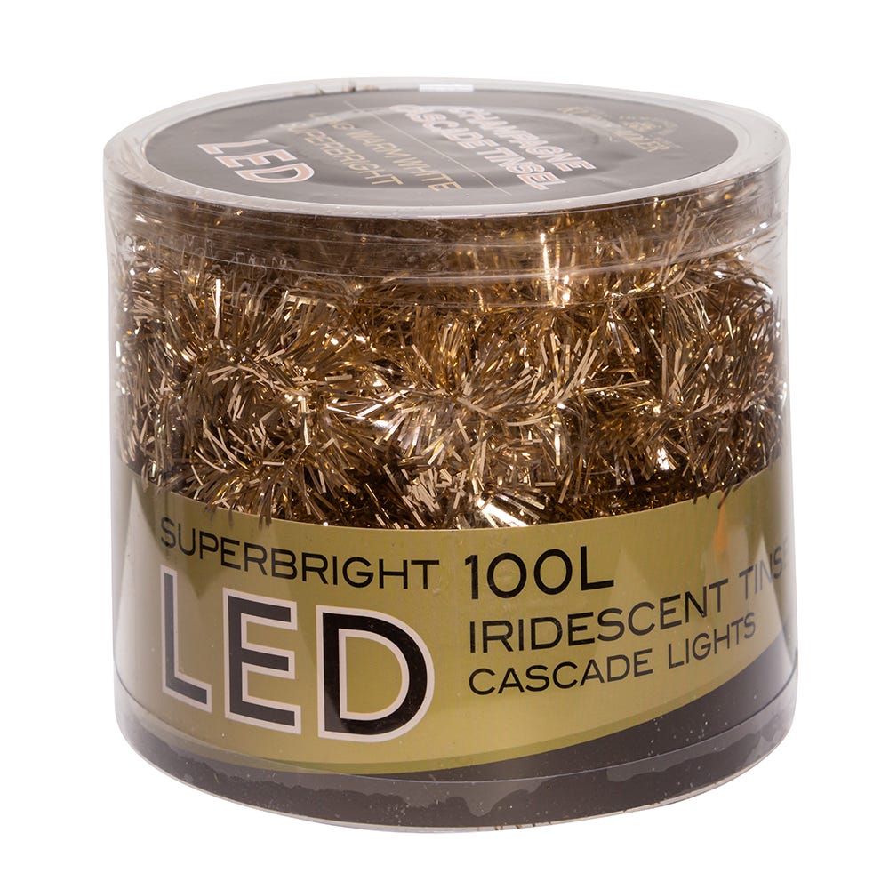 Kurt Adler 6.5-Foot 100-Light Warm White Champagne LED Tinsel Cascade Light Set